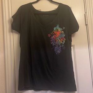Black V-neck Crazyshirt with Rainbow Hawaiian/Tropical Print